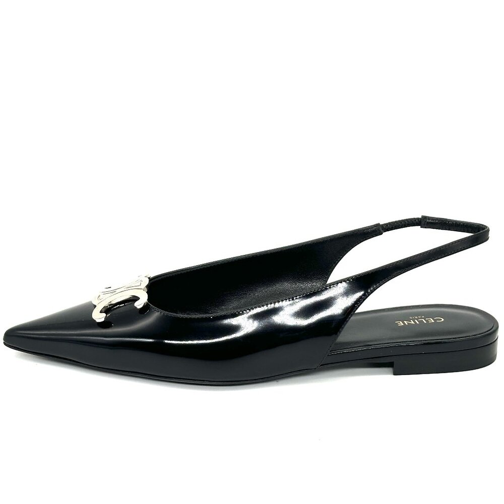 CELINE Alma Triomphe Logo Glossy Leather Flat Slingback Sandals Shoes - Picture 3 of 14